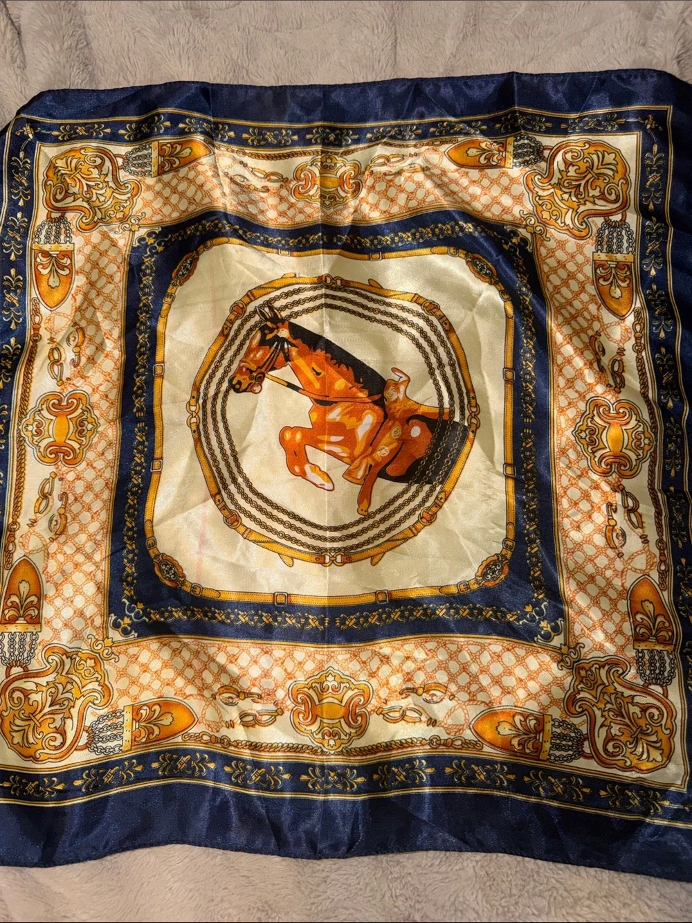 Vintage Equestrian Horse Satin Square Scarf Navy Blue Gold Orange Heritage 19x19